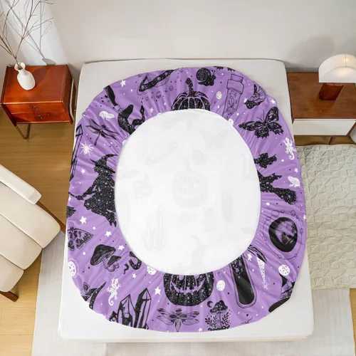 Miniatura 3 de Sábana bajera ajustable de Halloween tamaño individual, sábanas de calabaza y gato para niñas y niños, sombrero de bruja espeluznante morado