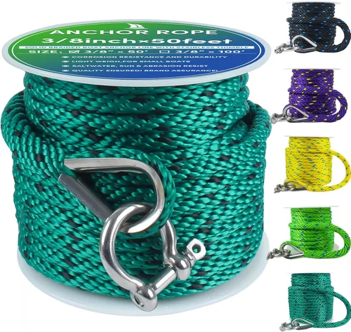 Miniatura 56 de Cuerda de anclaje premium de 100 pies x 3/8 pulgadas, cuerda marina de línea de anclaje MFP trenzada sólida con dedal y grillete, color negro