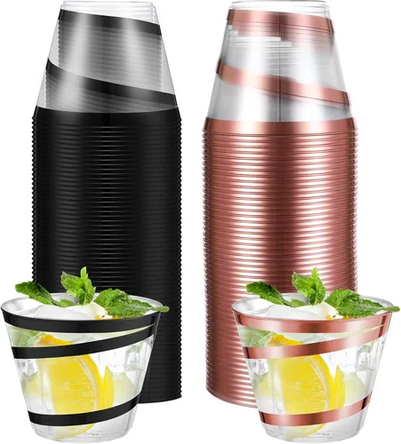Miniatura 26 de Gejoy Tazas de plástico con borde en espiral de 9 onzas desechables, tazas de vino de plástico elegantes y transparentes, elegantes jarras de Oro