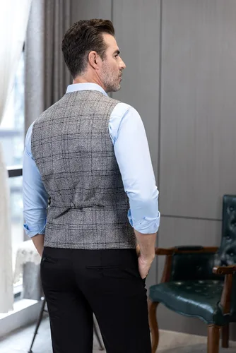 Miniatura 6 de Chaleco de traje vintage para hombre, chaleco de tweed a cuadros, chaleco de ajuste regular para padrinos de boda