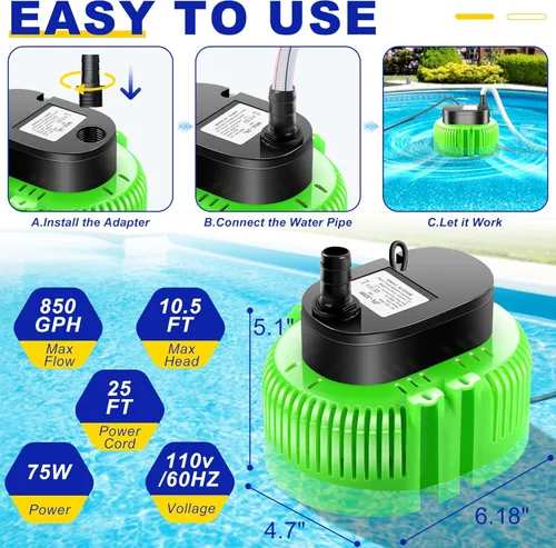 Miniatura 6 de Bomba de cubierta de piscina sobre el suelo, bomba de sumidero sumergible para natación, bombas de sumidero para drenaje de piscina con manguera