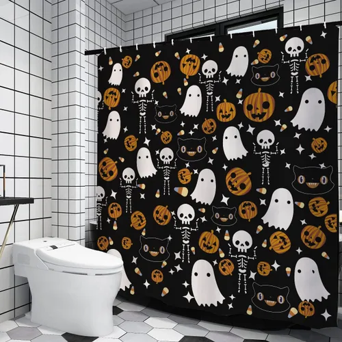 Miniatura 4 de GAGEC Cortina de ducha de Halloween, espeluznante calabaza esqueleto, cortina de ducha de dibujos animados, decoración de baño