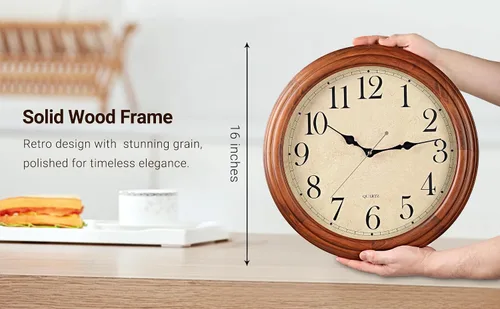 Miniatura 3 de ZELVON amusediy - Reloj de pared de madera de 16 pulgadas con números grandes, reloj de pared redondo retro marrón, silencioso sin tictac para sala