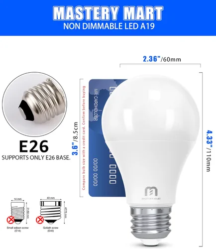 Miniatura 3 de MASTERY MART Paquete de 6 bombillas LED A19 equivalentes a 60 W, 9 W no regulables, sin parpadeo, 800 LM, luz blanca brillante 5000 K, base E26