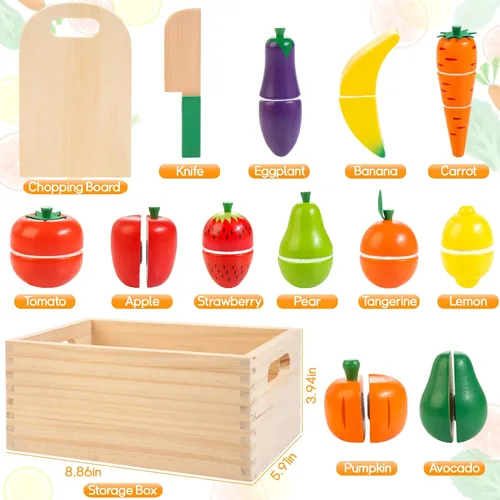 Miniatura 3 de Comida de juguete de madera para niños pequeños, juego de corte de frutas y verduras para niños, accesorios de cocina de juguete para niños y niñas