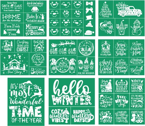 9pcs Christmas Stencils Self Adhesive Reusable Silk Screen Stencils | Silk Screen Transfers Xmas Screen Print Stencils Mesh Stencils for Painting on