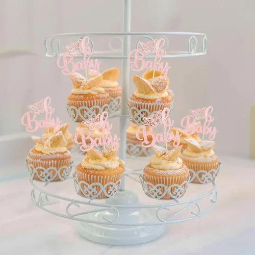 Miniatura 4 de Gyufise 24 piezas de decoración de mariposa rosa claro con purpurina Oh Baby Butterfly - Decoración de mariposa para baby shower Girl - Suministros