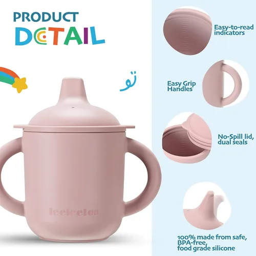 Miniatura 4 de Leeleelon® Vaso de silicona para bebés de 6 meses en adelante, 6 onzas, 100% a prueba de fugas para bebé con asas, silicona platino (azul Cambridge)