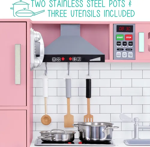 Miniatura 7 de Lil' Jumbl Juego de cocina rosa para niños, cocina de juego de madera de simulación, máquina de hielo a pilas, microondas, campana extractora