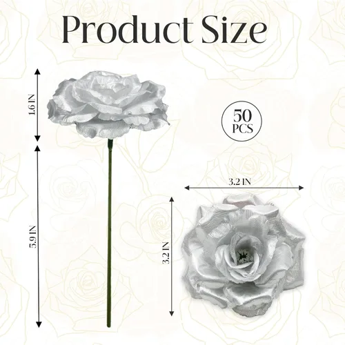 Miniatura 2 de Flores artificiales de rosas, 50 unidades de rosas plateadas a granel con tallo, cabeza de flor falsa de rosa de seda de 3 pulgadas para bodas, Plata