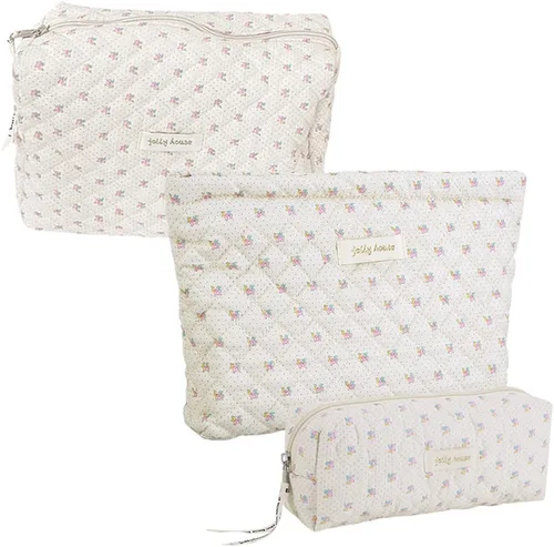 Miniatura 18 de Juoxeepy Bolsa de maquillaje de algodón, bolsa de cosméticos de viaje, bolsa de cosméticos acolchada, bolsa de aseo floral estética coqueta A01-3pcs