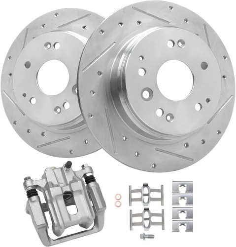 Detroit Axle - Rotores de freno traseros perforados y ranurados + Reemplazo de calibrador de freno de disco trasero derecho para Acura TL Honda