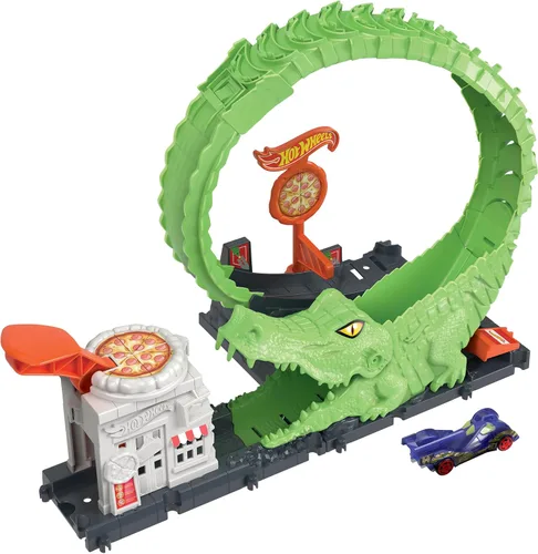 Conjunto de pista de juguete Hot Wheels Gator Loop Attack en Pizza Place con coche a escala 1:64, se conecta a otros conjuntos