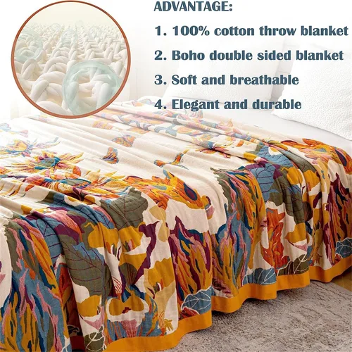 Miniatura 5 de MSGKV Manta de Tiro 100% Algodón para Cama Sofá Otoño 90''x 98'' Mantas de Muselina Súper Suaves Cálidas Colcha Bohemia Ligera Mantas Decorativas
