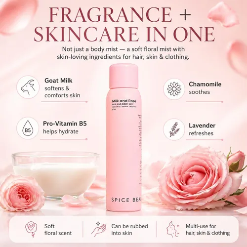 Miniatura 7 de Leche y rosa para el cabello y el cuerpo Spray corporal hidratante y perfume para el cabello con rosa, leche de cabra, manzanilla y lavanda