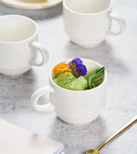 Miniatura 6 de YHOSSEUN Juego de 4 tazas de café de porcelana, apilables con soporte de metal y cucharas, tazas de café espresso de 11 onzas para americano, Blanco