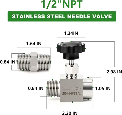 Miniatura 2 de TAISHER 1 pieza Válvula de aguja recta de acero inoxidable 304 1/2" NPT macho x 1/2" NPT hembra para control de flujo de agua, gas, aceite con rosca