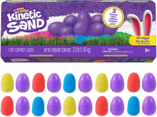 Kinetic Sand, Paquete de 20 huevos con arena de juego roja, amarilla y azul de 3.3 libras para caza de huevos, recuerdos de fiesta y bolsas de