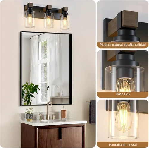 Miniatura 3 de Accesorios de iluminación de baño de granja, luces de tocador rústicas de 3 luces en madera para baño, iluminación de apliques de pared vintage