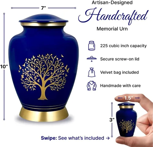 Miniatura 2 de AmericUrn Blue Tree of Life Urnas de Cremación Personalizadas con Grabado Personalizado para Cenizas Humanas – Conjunto Memorial para Adultos