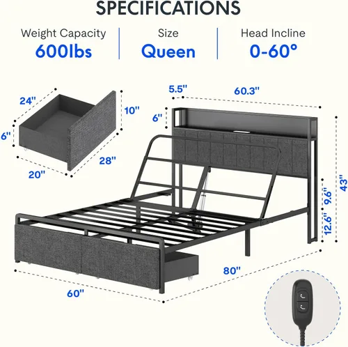 Miniatura 2 de FLEXISPOT Cama ajustable Queen con cabecera de almacenamiento, estación de carga, inclinación de la cabeza, iluminación LED, cajones