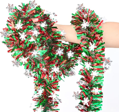 Miniatura 9 de Guirnalda de Oropel de Navidad de 33 Pies, Guirnalda de Oropel Metálico Trenzado Rojo Verde con Ornamentos de Bayas y Hojas, Decoración Colgante