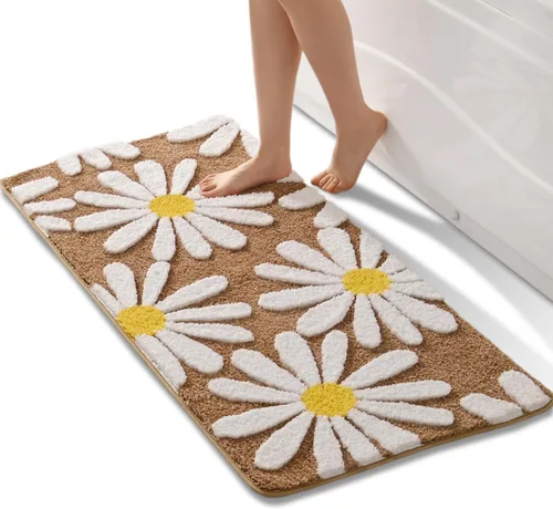 Miniatura 8 de QJHOMO Alfombra de baño azul con diseño de margaritas, decoración de flores blancas y amarillas, alfombra antideslizante de microfibra, súper Azul