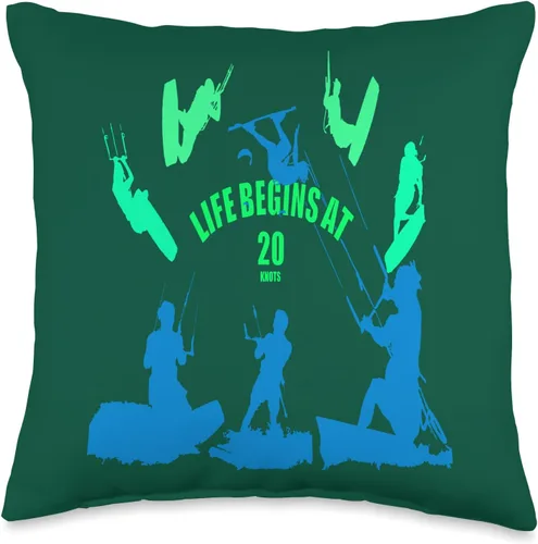 Kitesurf Gifts and Surf Lover Tees by taiche Kiting Life Begins at Twenty Knots Kitesurfer Fun Quote 8 Throw Pillow, 16x16, Multicolor
