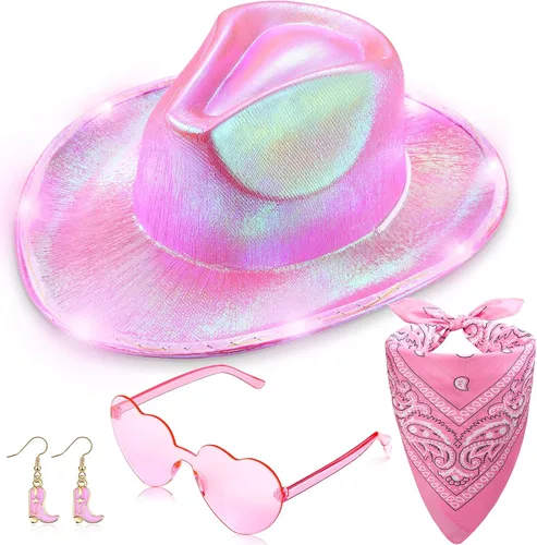 SATINIOR 4 paquetes de sombrero de vaquero rosa iluminado, botas tipo bandana rosa, aretes de vaquera, lentes de sol de corazón para joyería del