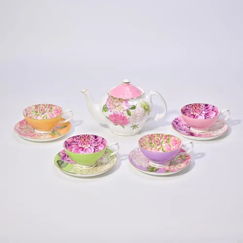 Miniatura 5 de Tetera de porcelana de hueso, teaset inglés, diseño floral de dalia con borde dorado, 37 onzas