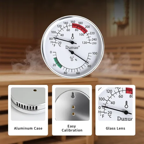 Miniatura 4 de Termómetro higrómetro de sauna, medidor de temperatura de 4 pulgadas con Fahrenheit y Celsius, 70-250°F / 0-100% HR, medidor analógico resistente al