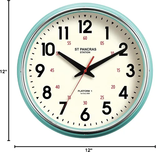 Miniatura 10 de Reloj de pared de metal de 12.4 pulgadas, relojes de pared vintage retro, estilo campestre, silencioso, sin tictac, fácil de leer para sala de Verde