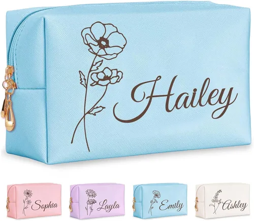 Miniatura 15 de Bolsa de maquillaje personalizada con nombre y flor de nacimiento, bolsas de cosméticos de cuero personalizadas para mujeres, bolsa de aseo de viaje