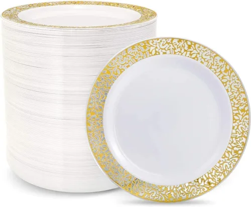 Miniatura 11 de supernal 100 platos de plástico plateado 10.25 para fiesta grande, platos de plástico blanco con borde plateado, platos desechables resistentes