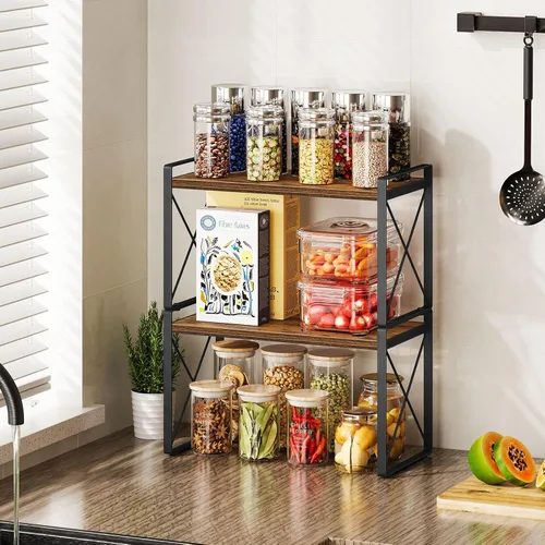 Miniatura 4 de Giikin Organizador de encimera de cocina, juego de 2 estantes de encimera de cocina, estante elevador para estante de especias para armario y Marrón