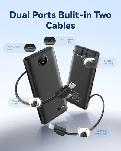 Miniatura 2 de VRURC Cargador Portátil con Enchufe de Pared, 10000mAh Cargador Portátil Delgado con Cables Integrados, PD 20W Banco de Energía de Carga Rápida