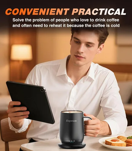 Miniatura 6 de Kepwam Taza de café autocalentable T2, taza de café con calefacción inteligente de 16 onzas, duración de la batería de 150 minutos, calentador