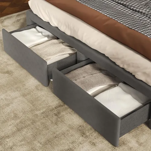 Miniatura 6 de CIKUNASI Base de cama de terciopelo Queen con cabecero, almacenamiento, luz LED, estación de carga, gris, tablero de fibra de densidad media