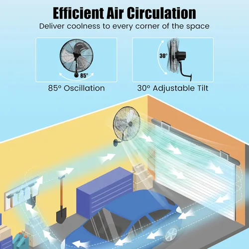 Miniatura 5 de Tangkula Ventilador de pared de 20 pulgadas con aspas de aluminio, ventilador de pared de metal oscilante industrial de 3 velocidades, resistente