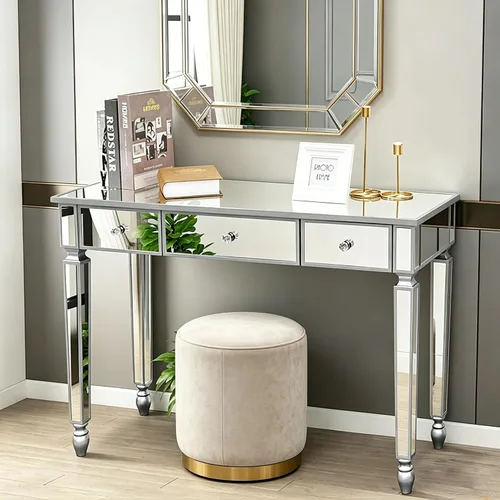 Miniatura 4 de Henf Mesa de consola con espejo, mesa de tocador de maquillaje, mesa de entrada plateada de 3 cajones para mujeres y niñas, entrada, hogar, oficina