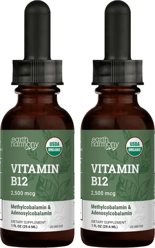 USDA Organic Vitamina B12 2000mcg Suplemento líquido sublingual (paquete de 2) – Gotas veganas de metilcobalamina para energía natural, mantener el