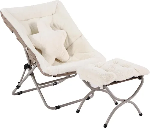 Welnow Cómoda silla platillo con otomana, silla de lectura plegable de gran tamaño para adultos con almohada, silla de salón de piel sintética suave