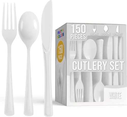 Party Solids Cubiertos de plástico blanco resistentes, 150 piezas desechables de color blanco, juego de utensilios de cocina, 50 de cada tenedor,
