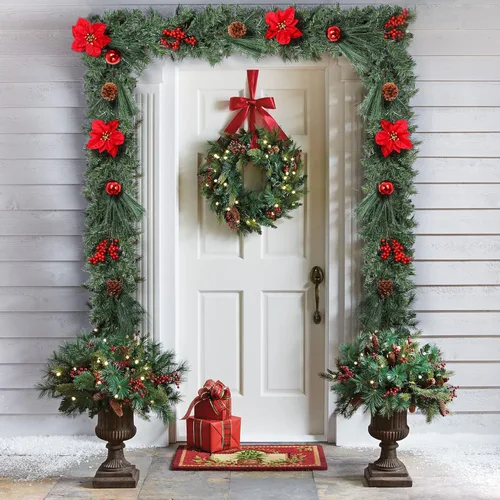 Miniatura 5 de Guirnalda de Navidad preiluminada Adeeing con 20 luces LED - Flores rojas de Poinsettia, bayas y piñas de pino - Guirnalda iluminada de 6 pies