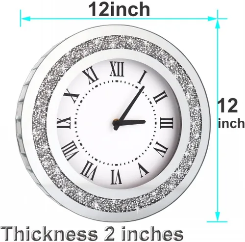 Miniatura 7 de Reloj de pared redondo con espejo plateado de 12 pulgadas con cristales brillantes y diamantes de imitación para decoración de pared, espejo