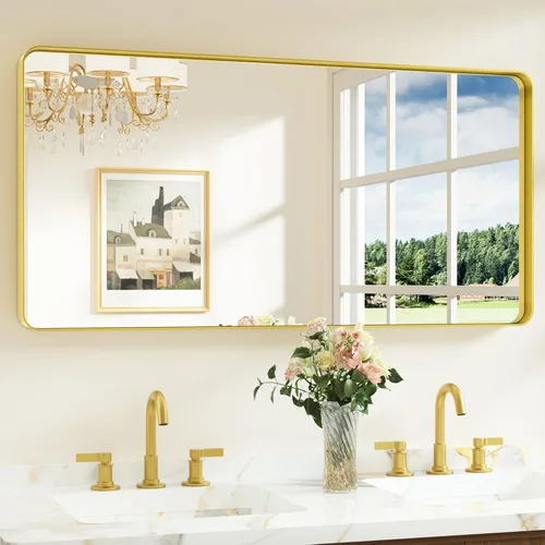 Miniatura 18 de Keonjinn Espejos de baño negros para sobre el fregadero, espejos cuadrados grandes de 36 x 36 pulgadas para pared, espejo rectangular redondeado