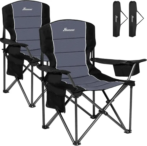 Romswi Sillas de Camping de Gran Tamaño, Soporte Resistente de 227 KG, Sillas Deportivas con Respaldo y Brazos Acolchados, Soporte para Tazas y Negro