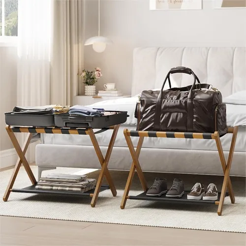 Miniatura 8 de Smart FENDEE Portaequipajes, portaequipajes plegable para habitación de invitados, soporte de maleta de bambú marrón con capacidad para hasta 131