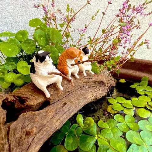 Miniatura 3 de Decoración de acuario de gato de pesca en miniatura, mini estatua de animales, decoración de animales de acuario, juego de figuras en miniatura