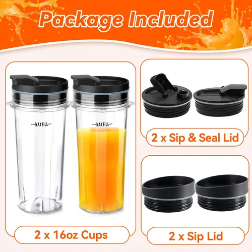 Miniatura 5 de 2 vasos de repuesto para licuadora de 16 onzas para Ninja, vaso de licuadora de una sola porción con 4 tapas de sellado para BL660 BL663 L740 BL770